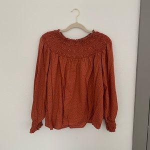 Universal Thread Blouse - Rusty Orange with Florals and Elastic Shirring